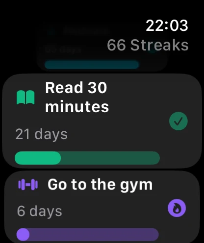 66 Streaks habit list on Apple Watch
