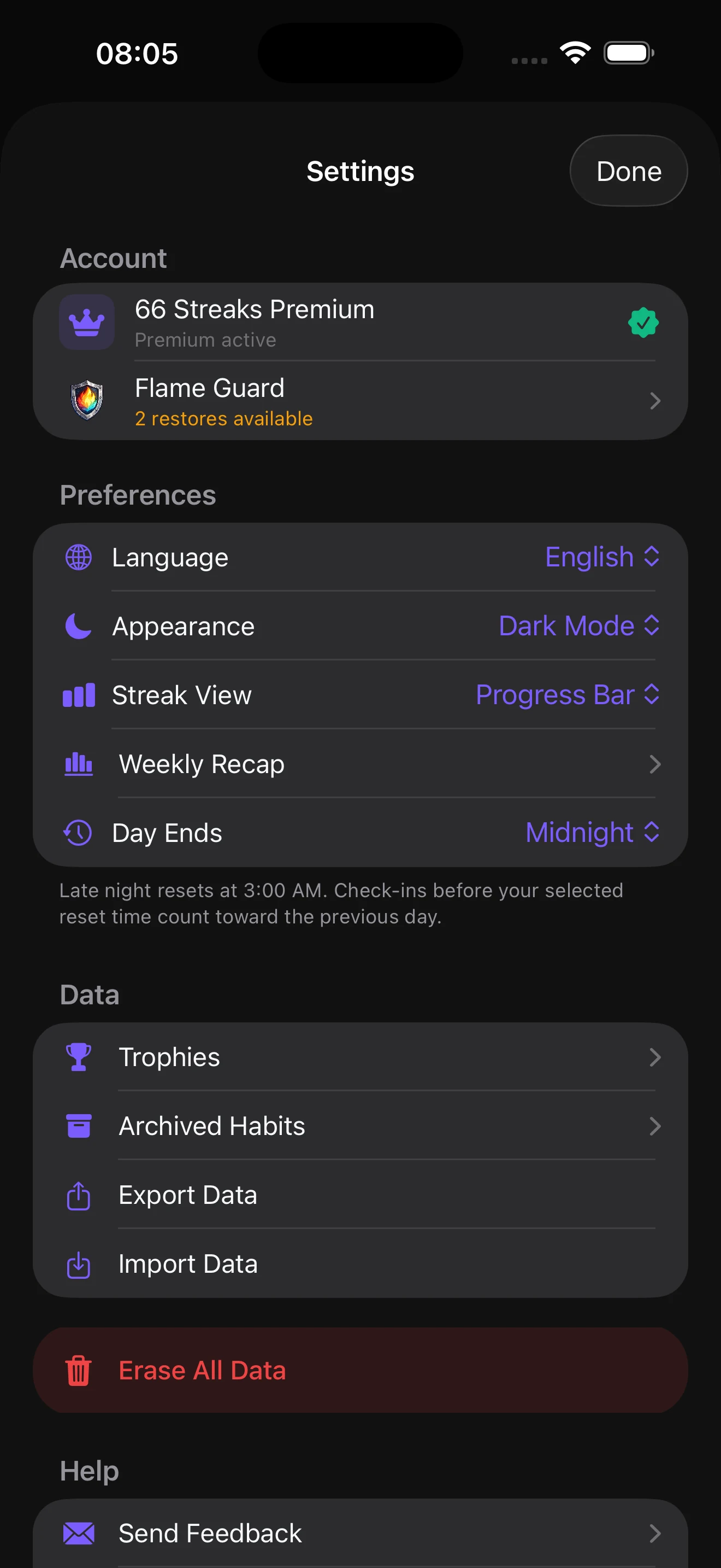 Export and import data options in 66 Streaks settings