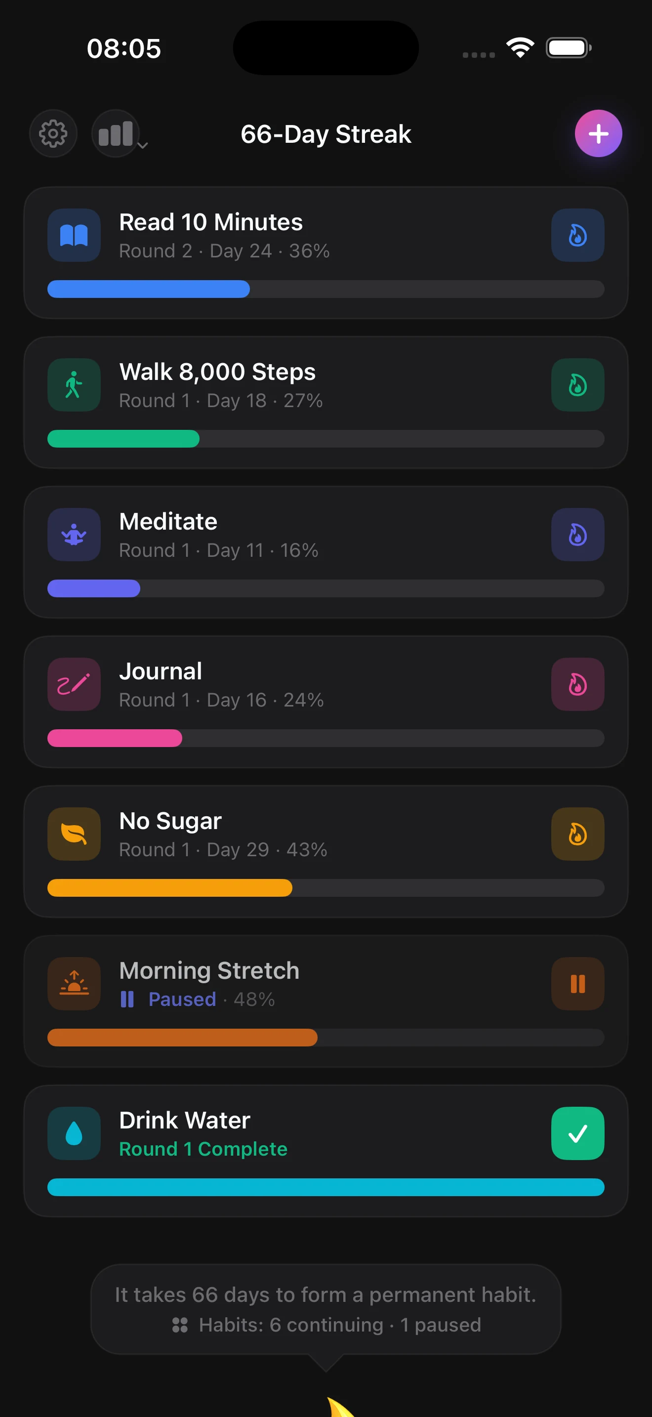 66 Streaks daily habit check-in screen