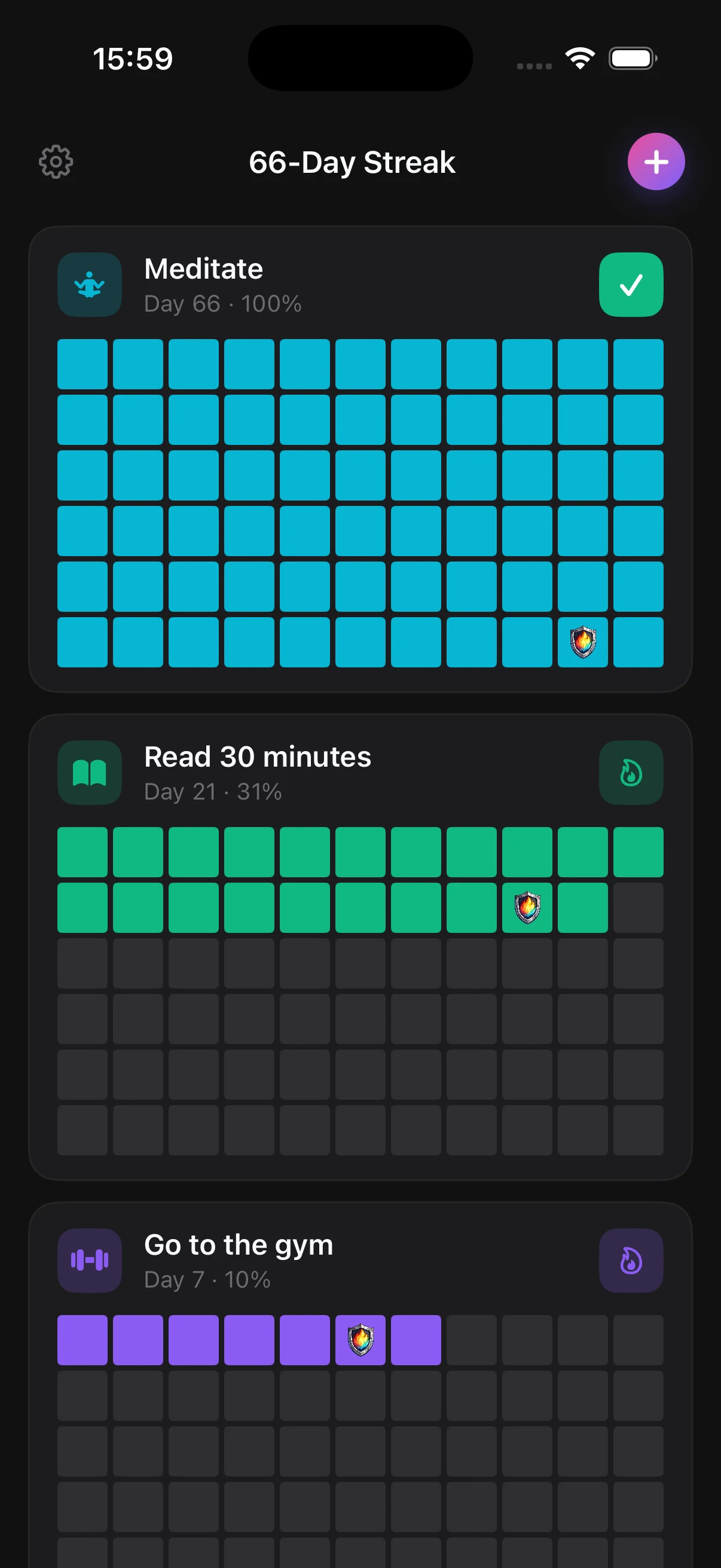 66 Streaks home screen with three 66-day progress grids